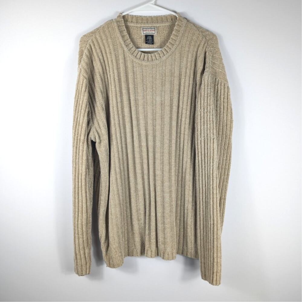 Arizona Large Ribbed Knit Sweater Mens Tan Crewneck Acrylic Casual Pullover